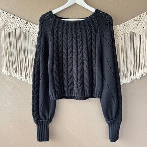 Free People Sandre Cable Knit Chunky Pullover puff sleeve Sweater black Small H